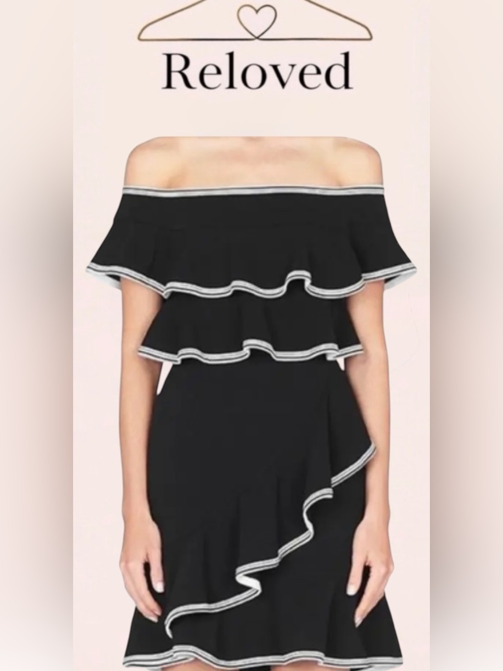 Rebecca Vallance Black Off-Shoulder Ruffle Dress with White Trim